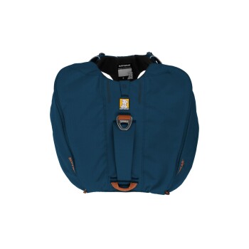 Blaues Hundegeschirr von Ruffwear, mit gepolstertem Design, verstellbaren Riemen und einem Metallpunkt zur Leinenbefestigung.