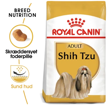 Royal Canin Hundefuttertüte für erwachsene Shih Tzus, mit goldenem Hintergrund, einer Illustration eines Shih Tzus und Text, der die Rassenernährung hervorhebt.