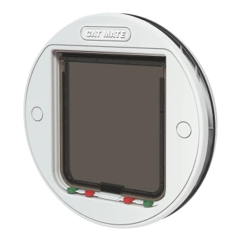 Weißer runder Katzenklappen mit einer transparenten Klappe, mit einem "CAT MATE"-Logo oben und farbigen Tasten (rot, grün) unten.
