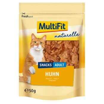 Cat snack packaging featuring a ginger cat, labeled "MultiFit naturelle," with "SNACKS ADULT" and "HUHN" (chicken) in bold text.