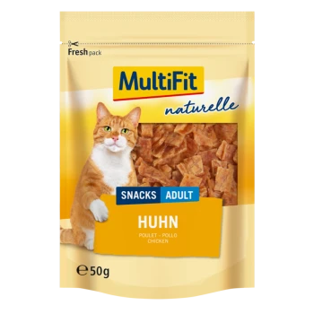Cat snack packaging featuring a ginger cat, labeled "MultiFit naturelle," with "SNACKS ADULT" and "HUHN" (chicken) in bold text.
