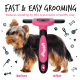 Kleiner Hund mit langem Fell vor und nach der Pflege gezeigt, mit einer pink-schwarzen Bugully Haustierpflegebürste.