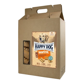 Braune Pappschachtel mit Happy Dog NaturCroq Hundekeksen, mit einem Bild eines Golden Retrievers und Produktdetails.