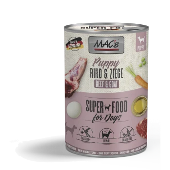 Dosen-Hundefutter "MAC's Puppy Rind & Ziege" mit Bildern von Fleisch, Ei und Gemüse, beschriftet mit "Super Food," "Calcium+," "Leinöl," "Getreidefrei."