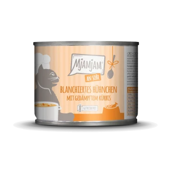 Dosenfutter für Haustiere mit der Aufschrift "Mjamjam an Soße", das blanchiertes Hähnchen mit gedämpftem Kürbis enthält, mit einer verspielten Katzengrafik und Nährwertangaben.
