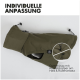 Grüne Hundejacke mit verstellbaren Kordelzügen, mit "INDIVIDUELLE ANPASSUNG" und "Gummizug mit Kordelstopper."