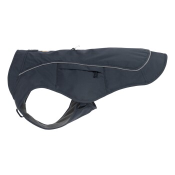 Ein dunkelblauer Hundemantel mit reflektierenden Besätzen, ausgestattet mit einer Tasche und einem verstellbaren Kordelzug, entworfen für den Außeneinsatz.