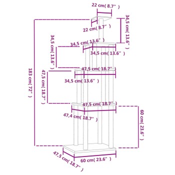 Diagramm eines mehrstöckigen Katzenbaums mit in Zentimetern und Zoll beschrifteten Abmessungen, das eine Höhe von 183 cm und verschiedene Regalgrößen zeigt.