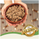 Eine Person hält eine braune Schüssel mit Hundefutter, umgeben von Hundeleckerlis, mit einem Abzeichen, das "Beste Qualität" und "15 Jahre" auf Deutsch angibt.