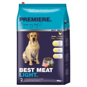 Hundefuttertüte beschriftet mit 'Premiere Best Meat Light', mit einem gelben Labrador, wobei Huhn die Hauptzutat (45%) ist. 4kg.