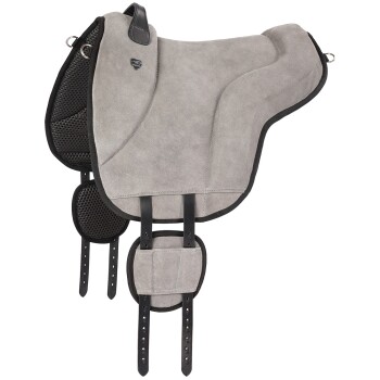 Grauer Wildledersattel für Pferde mit schwarzen Lederelementen und verstellbaren Riemen, mit einer strukturierten Unterseite für besseren Halt.