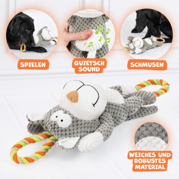 Graues Plüsch-Eulen-Hundespielzeug mit einem bunten Seilgriff, quietscht und besteht aus weichem, strapazierfähigem Material. Text: "SPILEN," "QUIETSCH SOUND," "SCHMUSEN."