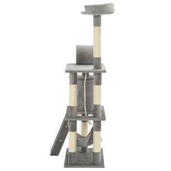 Grauer Katzenbaum mit mehreren Ebenen, Kratzpfosten und einer Hängematte, entworfen für das Spielen und Entspannen von Katzen.