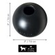 Schwarzer KONG-Gummiball mit Oberloch, Markierung 3" / 7,6 cm, eingeprägtem KONG, Größenetikett 'M 30-65 lb / 13-30 kg'.