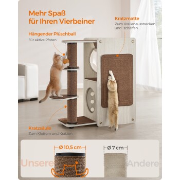 Katzenbaum mit Kratzpfosten, einem hängenden Plüschball und einer Kratzmatte, mit deutschem Text über Spaß für Haustiere und Klettern.
