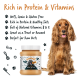 Ein goldener Cocker Spaniel sitzt neben einem Glas Bugalu's 100% natürlicher Erdnussbutter, das als getreide- und glutenfrei, reich an Protein und Vitaminen gekennzeichnet ist.
