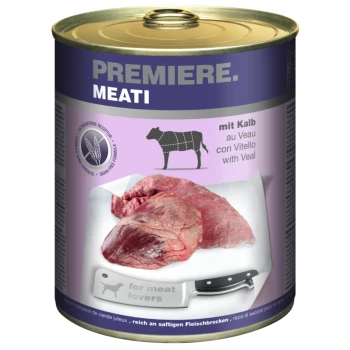 Can of pet food labeled "Premiere. Meati" featuring veal, with a graphic of a cow and a knife, and the text "for meat lovers."
