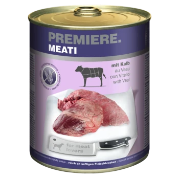 Dose mit Haustierfutter, beschriftet mit 'Premiere. Meati', die Kalbfleisch enthält, mit einer Grafik einer Kuh und einem Messer, und dem Text 'für Fleischliebhaber.'