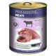 Dose mit Haustierfutter, beschriftet mit 'Premiere. Meati', die Kalbfleisch enthält, mit einer Grafik einer Kuh und einem Messer, und dem Text 'für Fleischliebhaber.'
