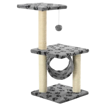 Grau Katzenbaum mit zwei Plattformen, einem Kratzbaum und einem hängenden Spielzeug, mit einem Pfotenabdruckdesign auf den Oberflächen.