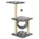 Grau Katzenbaum mit zwei Plattformen, einem Kratzbaum und einem hängenden Spielzeug, mit einem Pfotenabdruckdesign auf den Oberflächen.