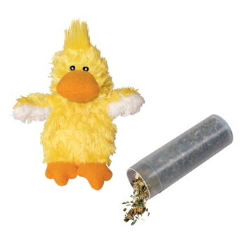 Yellow fluffy plush duck pet toy with orange beak and feet beside a clear tube spilling dried herbs.