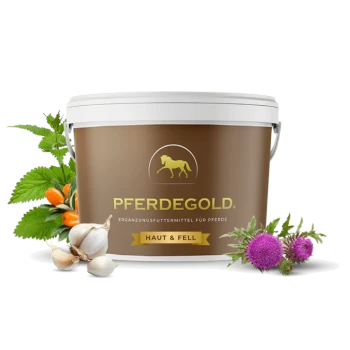 Ein brauner Behälter mit der Aufschrift "PFERDEGOLD" und dem Untertitel "HAUT & FELL" für Pferdeergänzungen, umgeben von Kräutern und Knoblauch.