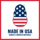 American flag-themed paw print logo with text "Made in USA Globally Sourced Materials" in blue and red border.