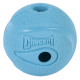 Hellblauer Gummihundeball mit strukturierter Oberfläche und einem Loch, mit dem Markennamen "Chuckit!" auf der Seite geprägt.