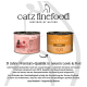 Zwei Dosen Catz Finefood Katzenfutter, klassischer Geflügelgeschmack, alte rosa und neue orange Verpackung, mit Text über 15 Jahre Premiumqualität.
