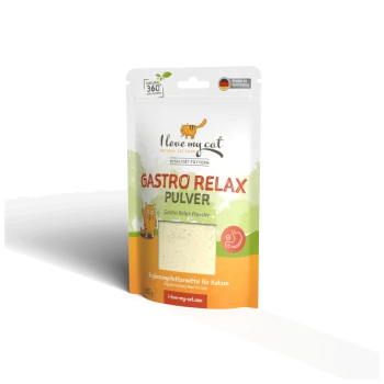 Verpackung von "Ich liebe meine Katze" Gastro Relax Pulver für Katzen, mit einer verspielten Katzenillustration, mit Text in Deutsch und Englisch.