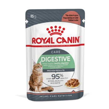 Royal Canin 85g Digestive cat food pouch, with text "Helps support healthy digestion" and "Over 95% healthy stool quality"