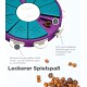 Interaktives Haustier-Spielzeug mit acht gleitenden Abdeckungen zum Verstecken von Leckerlis, mit einem lila und türkisfarbenen Design. Text lautet "Leckerer Spielspaß."