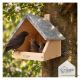 Holz-Vogelhaus mit schrägem Dach, an einem Baum montiert, mit dem eingravierten Logo 'wildlife home' auf der Vorderseite.