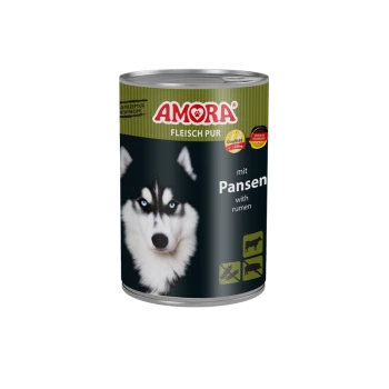 Dose AMORA Hundefutter mit der Aufschrift 'FLEISCH PUR' 'mit Pansen', Husky-Gesicht und 'Made in Germany'-Siegel.