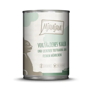 Dose Mjamjam Katzenfutter mit einem Design mit einer Katzensilhouette, gekennzeichnet mit "Vorzügliches Kalb und leckerer Truthahn an feinen Möhrchen."