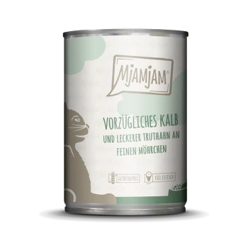 Dose Mjamjam Katzenfutter mit einem Design mit einer Katzensilhouette, gekennzeichnet mit "Vorzügliches Kalb und leckerer Truthahn an feinen Möhrchen."