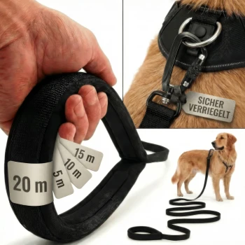 Schwarze Hundetraining-Leine mit einem Karabinerclip, mit einem roten "Safety First"-Label und Größenoptionen: 5 mm, 10 mm, 15 mm, 20 m.
