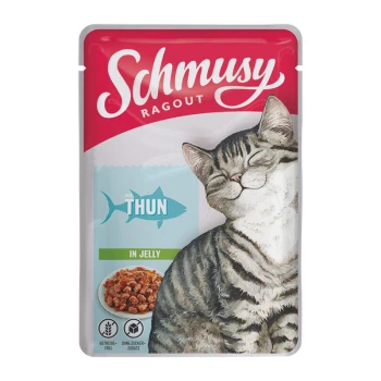 Schmusy Ragout Katzenfutterbeutel mit einer glücklichen getigerten Katze, gekennzeichnet mit 'mit THUN' und 'in JELLY', mit einer Schüssel Futter-Illustration.
