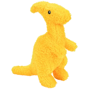 A fluffy, bright yellow dinosaur plush toy with a rounded head and small black eyes, standing upright.