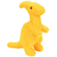 Un jouet en peluche dinosaure jaune vif et duveteux avec une tête arrondie et de petits yeux noirs, se tenant debout.