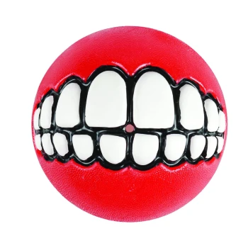 Roter Hundespielzeugball mit einem cartoonartigen weißen, zahnigen Grinsen auf weißem Hintergrund.