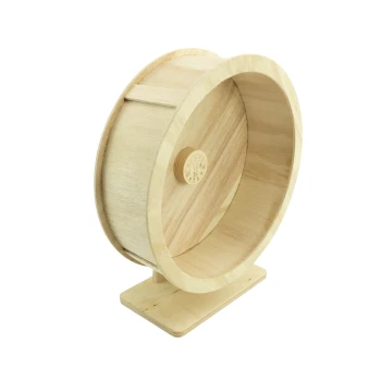 Holz-Laufrad für kleine Haustiere, mit einer glatten Oberfläche und einem stabilen Sockel, ideal für Hamster oder Zwerghamster.