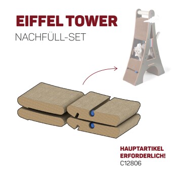 Eiffel Tower Nachfüllset für Katzenkratzbaum, mit zwei beigen Kratzpads und blauen Verbindern; der Text lautet "Hauptartikel erforderlich!"