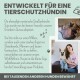 Werbeplakat für ein Haustierprodukt mit Soja, einem ehemaligen Straßenhund, das ihre Adoption und die Produktentwicklung für ähnliche Hunde hervorhebt.