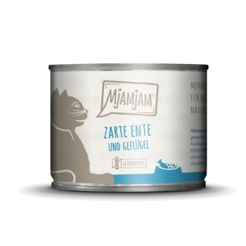 Dose Katzenfutter mit der Aufschrift "Mjamjam Zarte Ente und Geflügel", mit einer Silhouette einer Katze und Text über natürliche Zutaten.