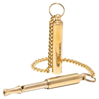 Goldfarbige Hundepfeife mit Kette und Etui, auf dem Etui mit "ACME England" beschriftet.