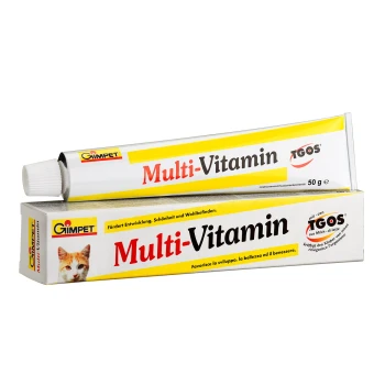 Multi-Vitamin tube for cats by Gimpet, 50g, with a yellow label featuring a cat image and text in German and Italian promoting health and well-being.