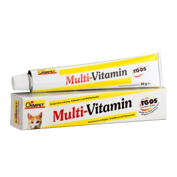Multi-Vitamin tube for cats by Gimpet, 50g, with a yellow label featuring a cat image and text in German and Italian promoting health and well-being.