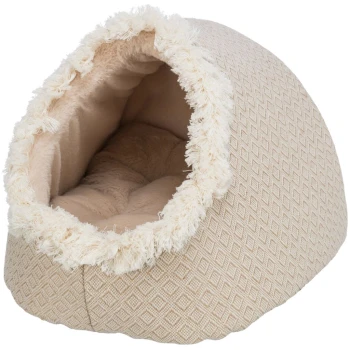Höhle Boho Gemütliches beiges Haustierbett mit einem weichen, flauschigen Rand und einem plüschigen Innenraum, entworfen für kleine Tiere zum Einkuscheln.